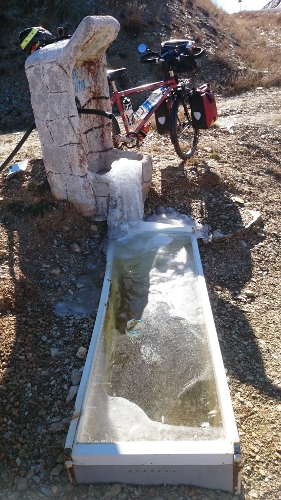 Definitely cold! Frozen fountain.